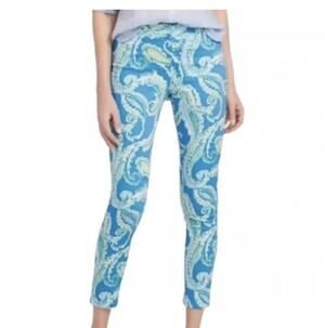 J. McLaughlin Portman Slim Fit Cropped Pants Blue Green Paisley Pattern Size 14